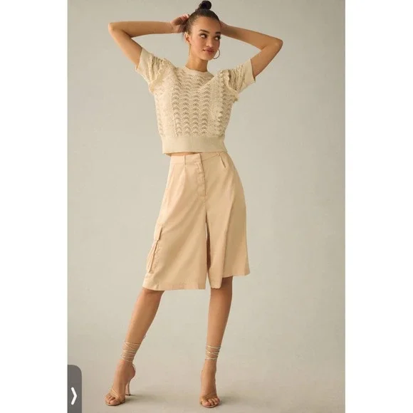 Anthropologie Kachel Shimmer Crochet Short Sleeve Sweater Size Small Offwhite - Picture 7 of 11